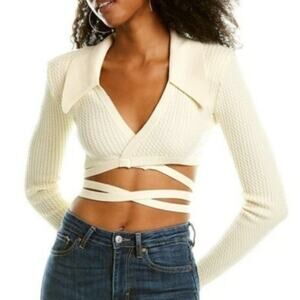 DANIELLE BERNSTEIN L NEW Knit Wrap Top Ivory Cableknit Crisscross